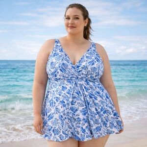 Berlook Women’s Plus Size 24 Blue White & Pink Plus Size One-Piece Swimsuit NWOT